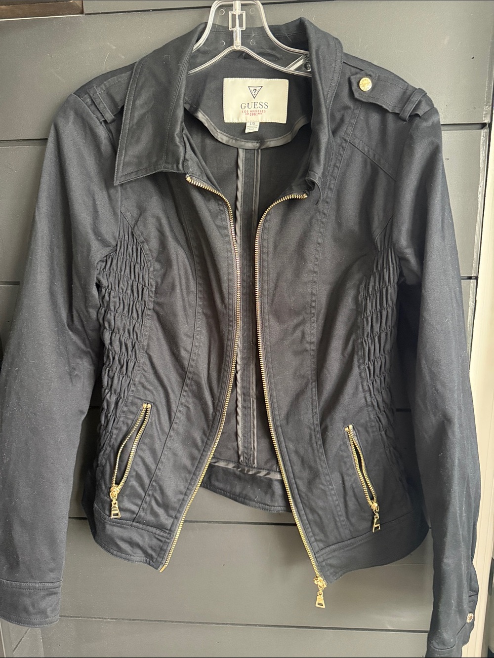 GUESS Black Women's Utility Jacket with Gold Zippers